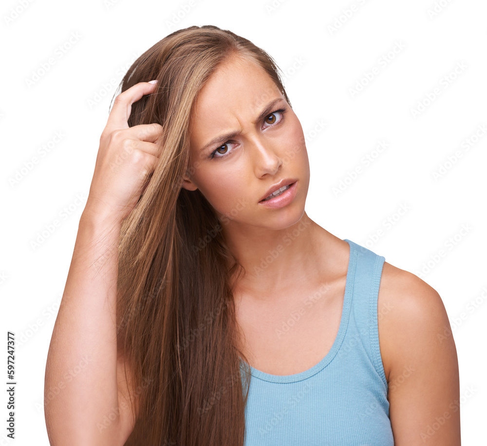 Fototapeta premium Confused, doubt and portrait of woman with question scratching head for problem, decision or fail. Anxiety, stress and puzzled model with confusion on face isolated on a transparent png background