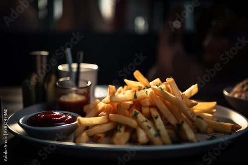 close-up of a delicious plate of hot french fries with various sauces.on a dark background. Rustic Style Generative AI 