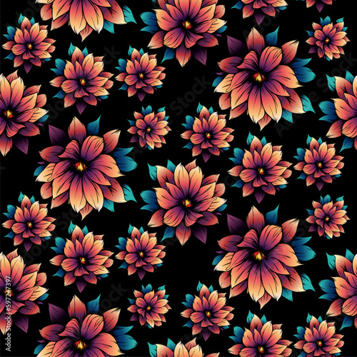 Colored vector seamless half-drop pattern, with inked style flowers