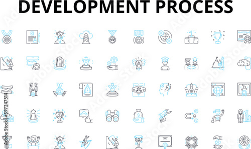Development process linear icons set. Analysis, Planning, Design, Coding, Testing, Debugging, Integration vector symbols and line concept signs. Deployment,Maintenance,Optimization Generative AI