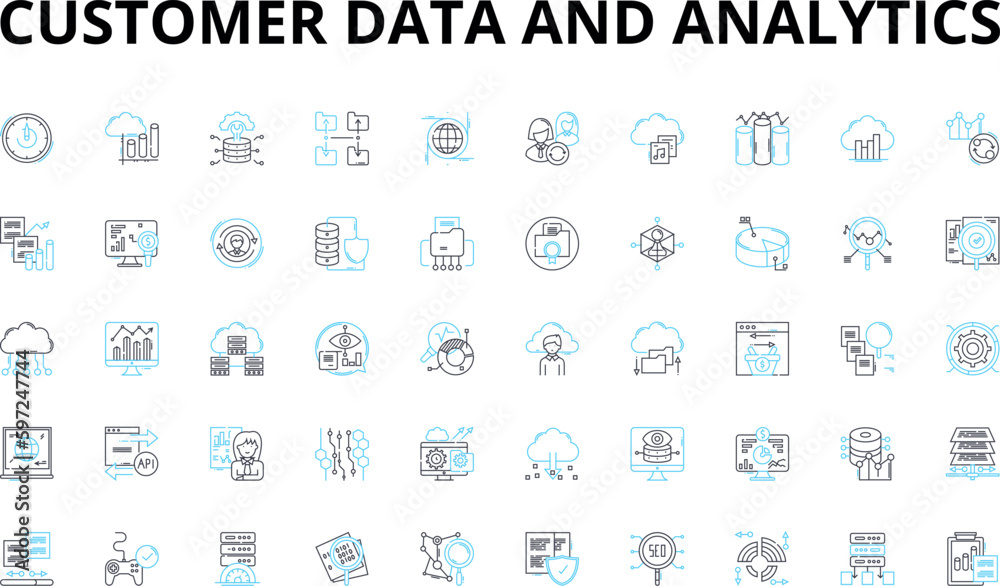 Customer data and analytics linear icons set. Segmentation, Personalization, Profiling, Insights, Targeting, Metrics, Optimization vector symbols and line concept signs. Generative AI Customer data and analytics linear icons set. Segmentation, Personalization, Profiling, Insights, Targeting, Metrics, Optimization vector symbols and line concept signs. Generative AI