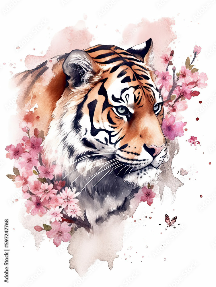 Tiger watercolor painting, asian design, cherry blossom, butterfly, digital prints, wildlife, animals. Generative AI