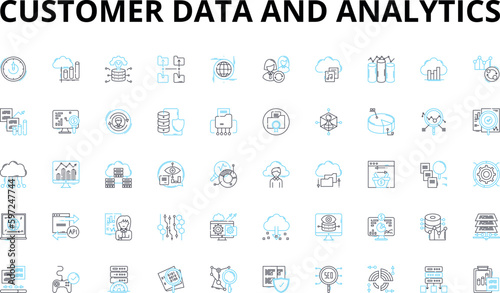 Customer data and analytics linear icons set. Segmentation, Personalization, Profiling, Insights, Targeting, Metrics, Optimization vector symbols and line concept signs. Generative AI