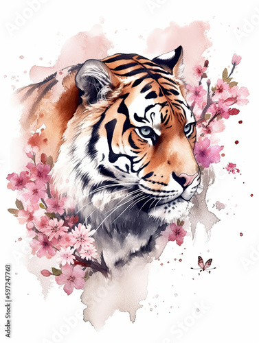 Tiger watercolor painting  asian design  cherry blossom  butterfly  digital prints  wildlife  animals. Generative AI