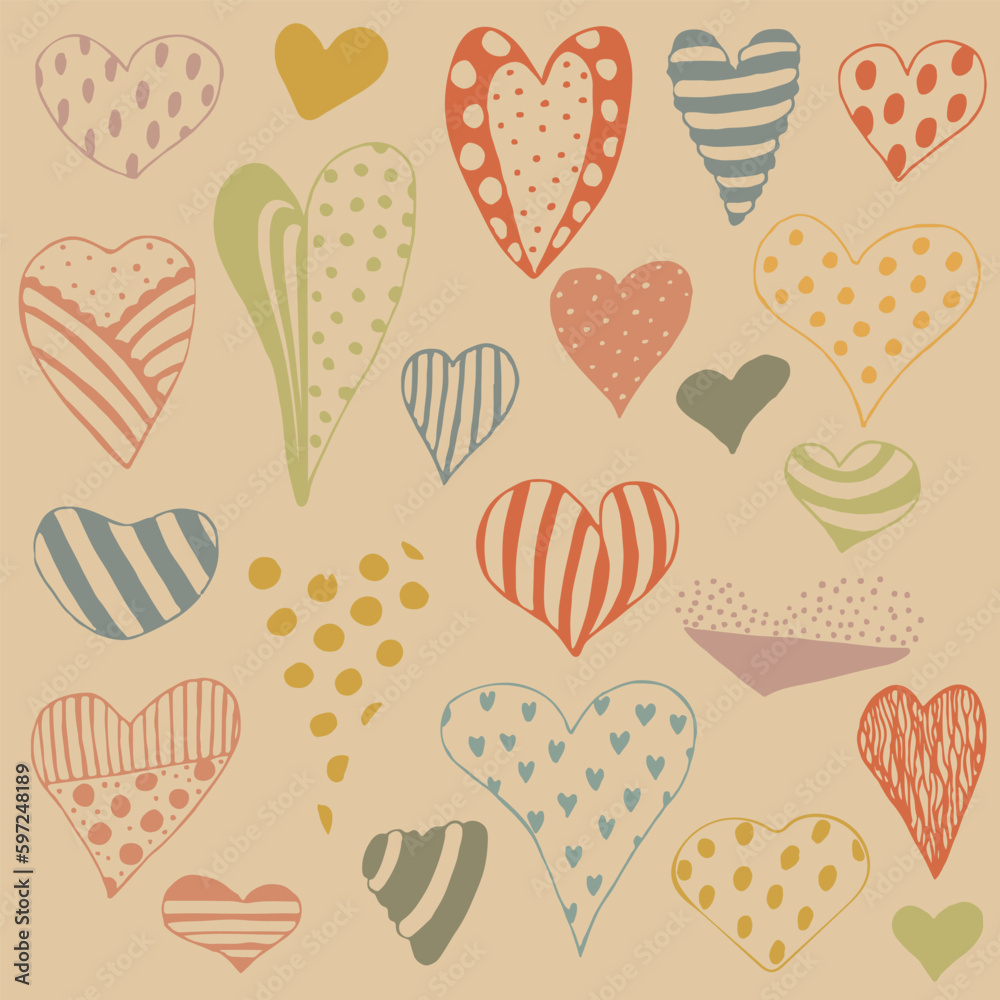 Seamless pattern of cute hearts. Wallpaper for season decoration, wrapping paper, clothing prints. Vector illustration.