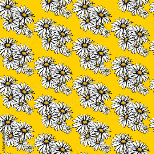Colored vector seamless half-drop pattern, with inked style flowers © eLifeS