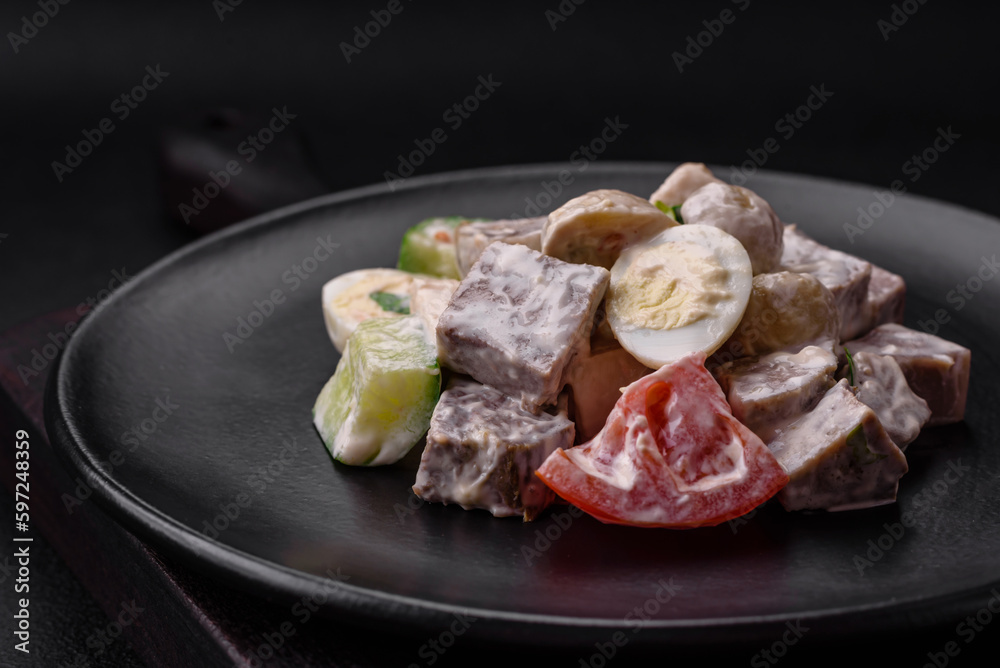 Delicious salad with boiled beef tongue, quail eggs, tomatoes and cucumber Delicious salad with boiled beef tongue, quail eggs, tomatoes and cucumber