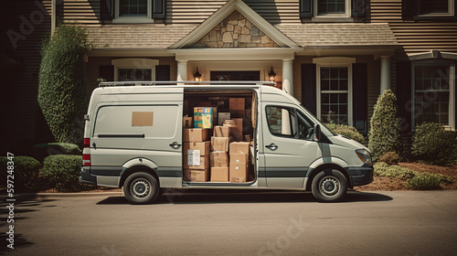 Van full of boxes and furniture near a house outdoors. Concept of moving to a new home and delivery, generative ai