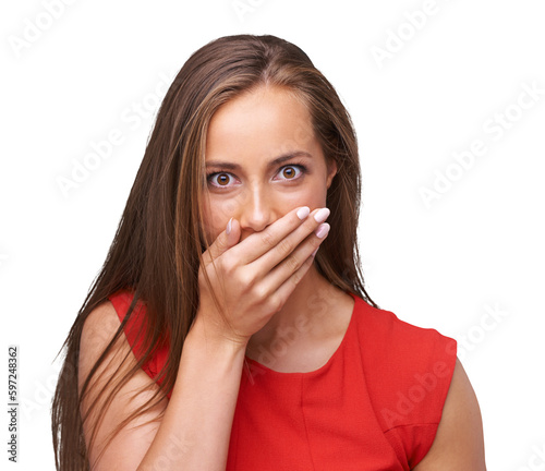 Принти на полотні Woman, portrait and face with surprise, shocked and wow with hand covering mouth isolated on a transparent png background