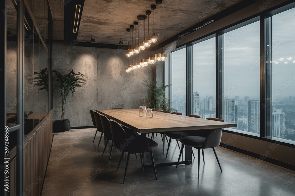 Meeting room with city view, modern industrial style with concrete and light wood. Workplace and presentation concept. Generative AI