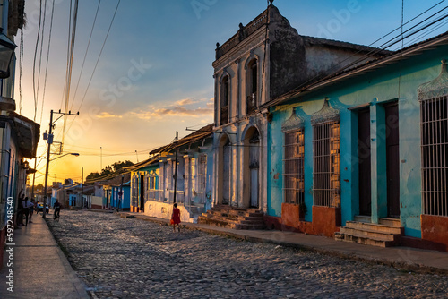 Sunset in the old streets of Trinidad in Cuba photo