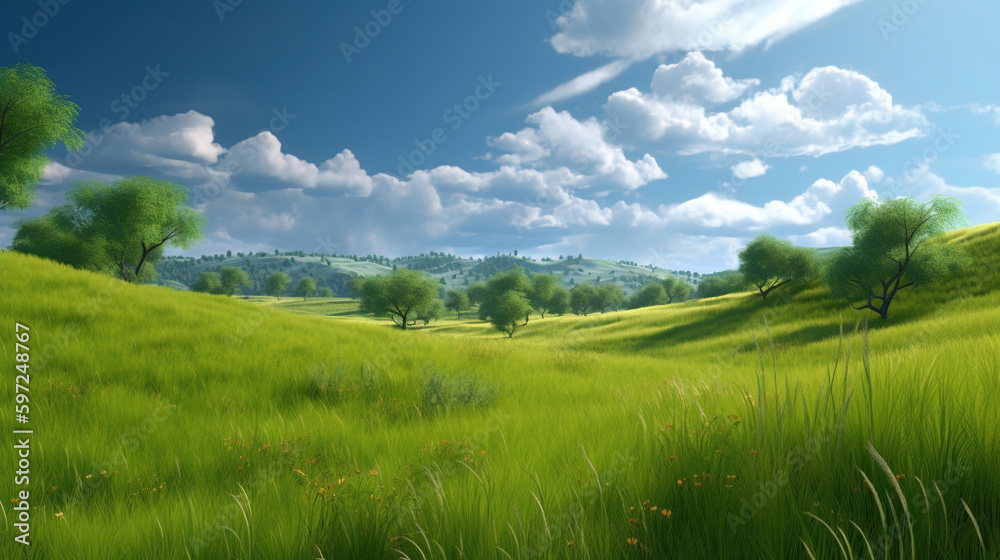 Fototapeta premium Grassy field with trees at sunset.Generative Ai