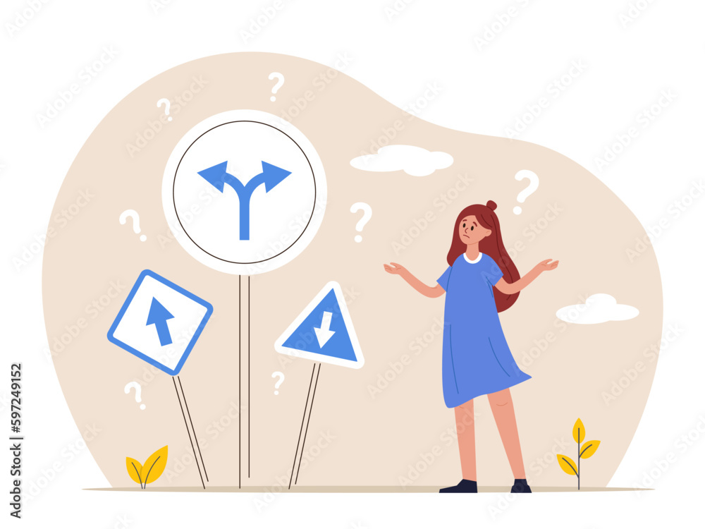 Work direction or choose the right way to success concept. Business decision making. Confusing woman or student looking at multiple road sign with question mark and think which way to go. Flat vector.