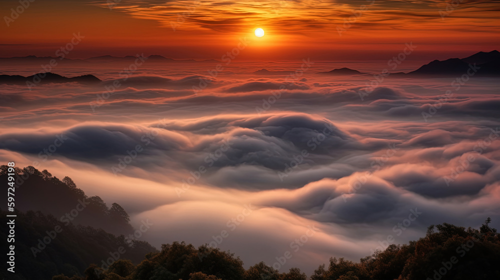 Naklejka premium Sunset over the clouds.Generative Ai