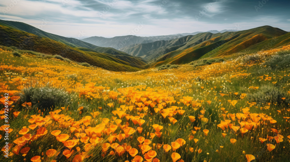A field of flowers surrounded by mountains.Generative Ai
