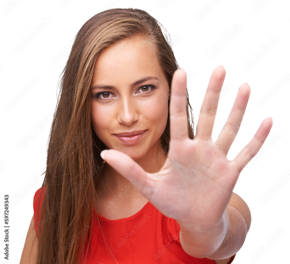 Stop, wait and hand with portrait of woman for warning rejection, halt or forbidden gesture. Female hands showing danger, push or block with open palm sign isolated on a transparent PNG background Stop, wait and hand with portrait of woman for warning rejection, halt or forbidden gesture. Female hands showing danger, push or block with open palm sign isolated on a transparent PNG background
