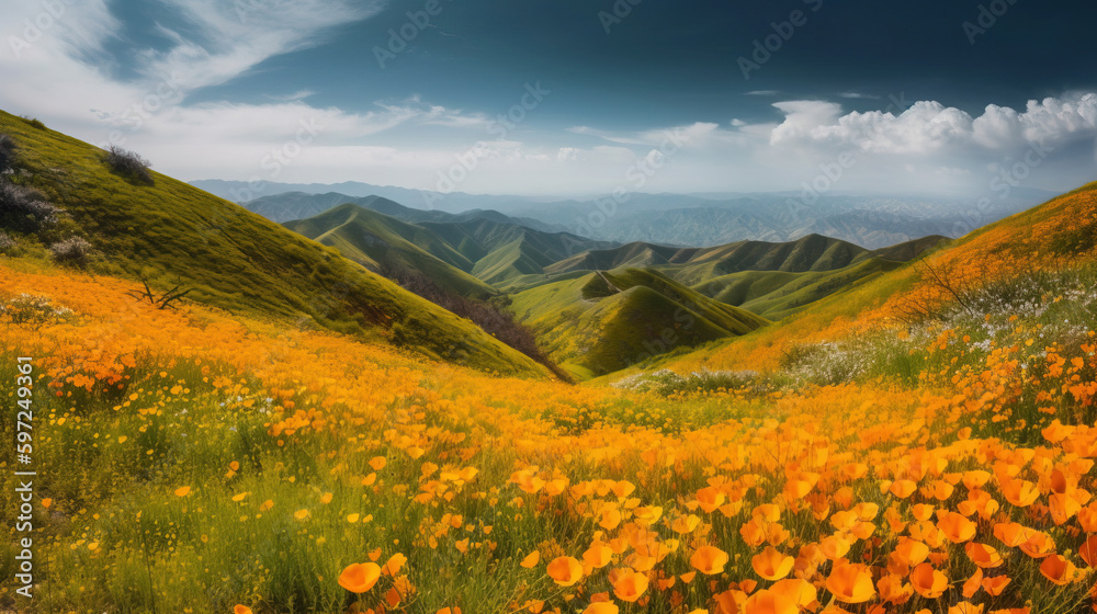 A field of flowers surrounded by mountains.Generative Ai