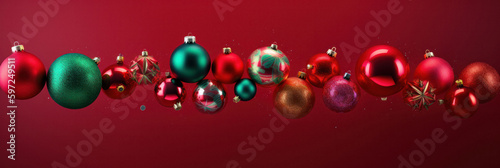 Festive Christmas Balls Banner on Red Background with Copy Space