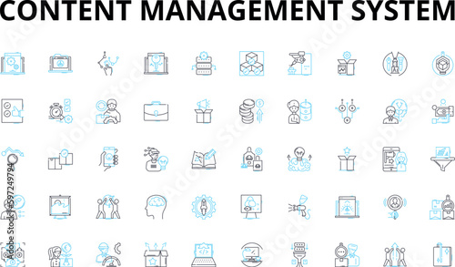 Content management system linear icons set. Database, Interface, Template, Plugins, Widgets, Platform, Administration vector symbols and line concept signs. Workflow,Search,Integration Generative AI