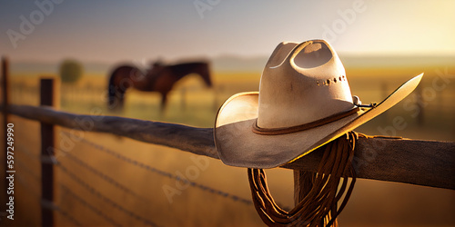 A cowboy hat and lasso hang from the ranch's wooden fence. AI generated. photo