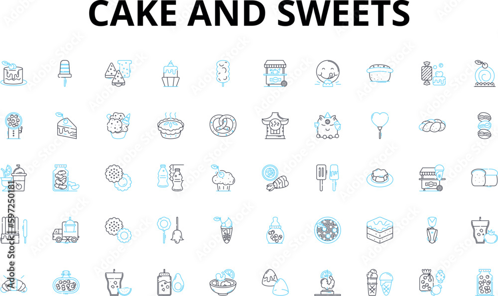 Fototapeta Cake and sweets linear icons set. Cupcakes, Chocolate, Vanilla, Frosting, Buttercream, Sprinkles, Fondant vector symbols and line concept signs. Bakery,Sugar,Icing illustration Generative AI