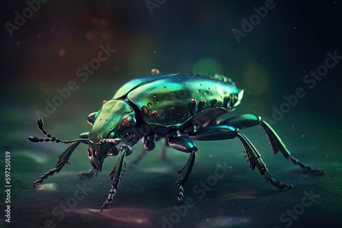 Imagined Creation: a Coloured, Surreal Alien Beetle Crawling Into Reality, Generative AI © Web