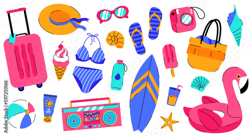 Set of summer items for sea holidays. Bikini, sunscreen, flip flops, surfboard, ice cream, camera, shells, flamingo rubber ring. Flat cartoon illustration on white background.