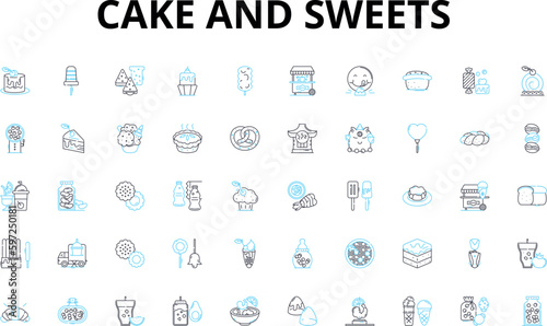 Cake and sweets linear icons set. Cupcakes, Chocolate, Vanilla, Frosting, Buttercream, Sprinkles, Fondant vector symbols and line concept signs. Bakery,Sugar,Icing illustration Generative AI