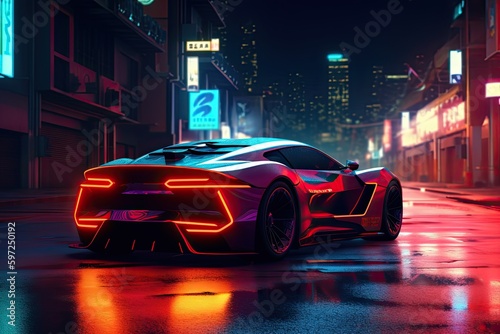 Life at the Limit: Futuristic Sports Car Racing Through the Neon-Lit City. Generative AI © Web