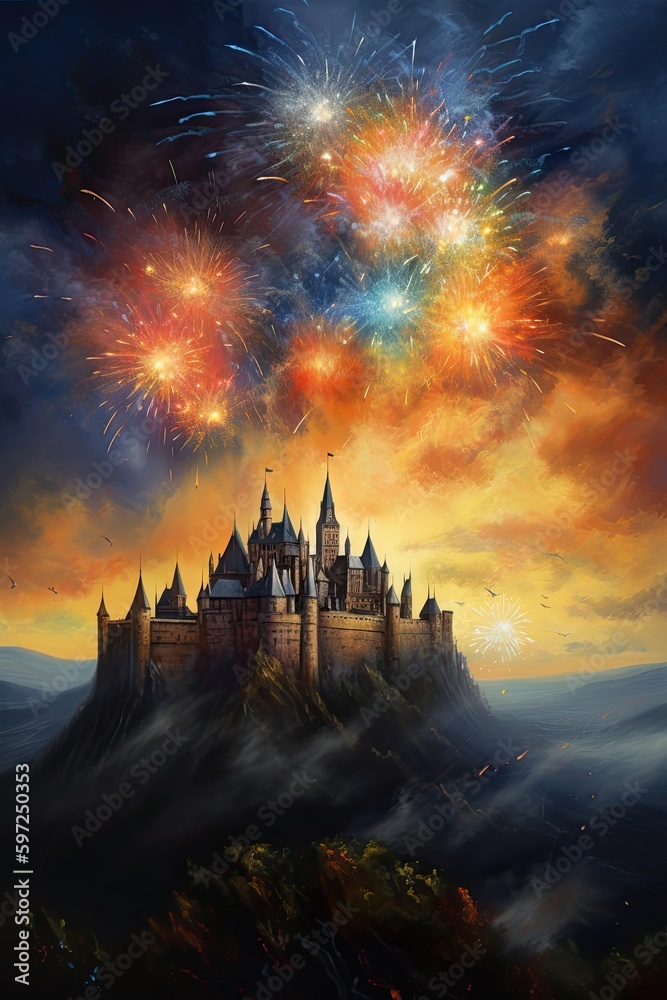 Magical Beauty: A Painting of a Castle Lit Up by Fireworks in the Sky. Generative AI