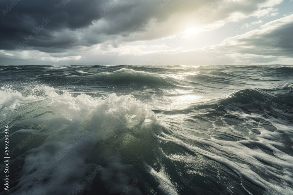 Majestic yet Wild: A Stormy Sea Wave under a Dramatic Sky, Generative AI