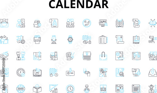 Calendar linear icons set. Scheduling, Organization, Reminders, Appointments, Planning, Time, Events vector symbols and line concept signs. Dates,Schedule,Deadlines illustration Generative AI