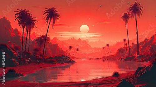 Magical Sundown at a Tropical Beach: A Vintage Illustration of a Fantasy Pacific Ocean Landscape with Palms, Generative AI