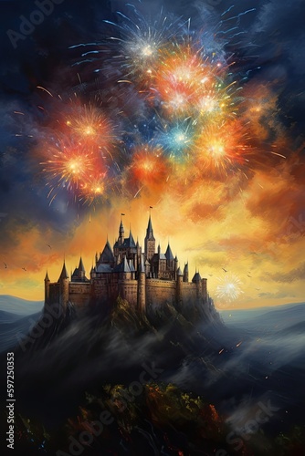 Magical Beauty: A Painting of a Castle Lit Up by Fireworks in the Sky. Generative AI