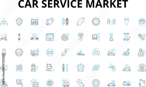 Car service market linear icons set. Maintenance, Repairs, Oil changes, Tires, Brakes, Alignment, Tune up vector symbols and line concept signs. Inspection,Exhaust,Suspension Generative AI