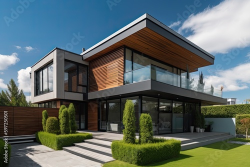 Modern Luxury Meets Contemporary Architecture - A Striking Bungalow Featuring a Roof Top Garden and City Skyline Views  Generative AI