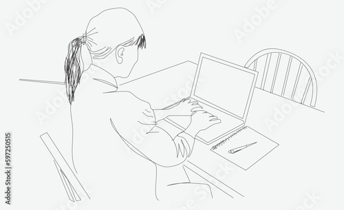 Line art of girl sitting with laptop