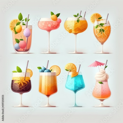 Cocktails set. Colorful drinks with ice cream, orange, lemon, strawberry, blueberry, cherry and mint. Generative AI