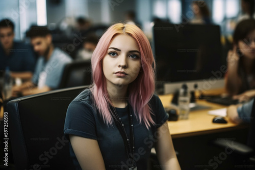 young woman wit dyed hair working on desk and computer in a busy office with many other people in the background. Generative AI