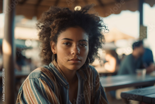 young adult woman or teenager outside in a city cafe in free time, sitting alone at a table, curly hair tanned skin slim figure. Generative AI