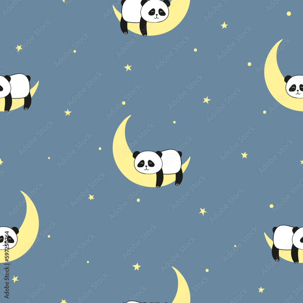 Seamless childish pattern with cute panda bear sleeping on moon. Baby print, vector illustration