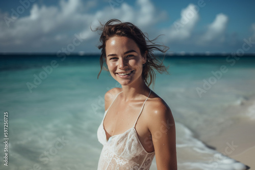 young adult woman in white sundress on a beach, model or influencer or summer vacation on the beach. Generative AI photo