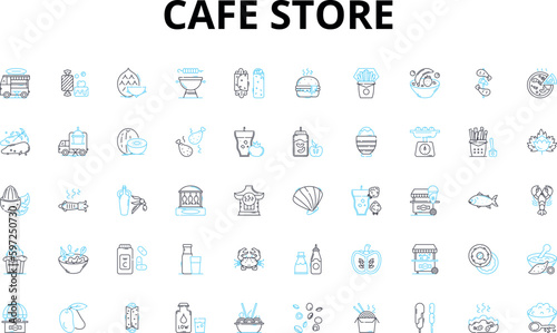 Cafe store linear icons set. Coffee, Latte, Muffin, Bagel, Croissant, Espresso, Cappuccino vector symbols and line concept signs. Sandwich,Brunch,Breakfast illustration Generative AI