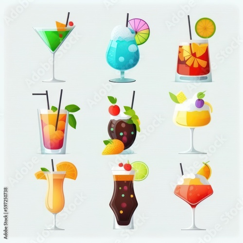 Tropical cocktails collection. Alcoholic drinks in glasses. Cocktail set isolated on white. Generative AI