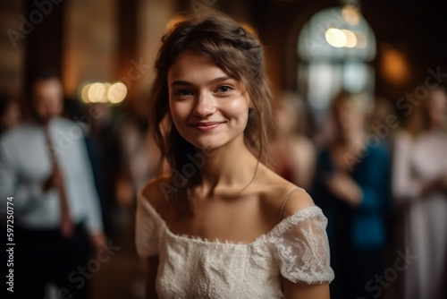 young adult woman wearing a wedding dress with a train, in a church, expectant close-up. Generative AI