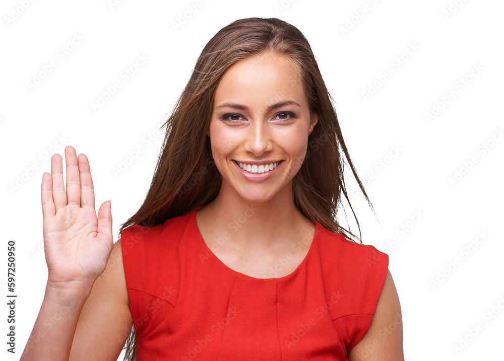 Wave, welcome and portrait of a woman smile with happiness isolated on a transparent png background. Happy, pledge and a hello hand sign of a model greeting and waving goodbye with confidence Wave, welcome and portrait of a woman smile with happiness isolated on a transparent png background. Happy, pledge and a hello hand sign of a model greeting and waving goodbye with confidence