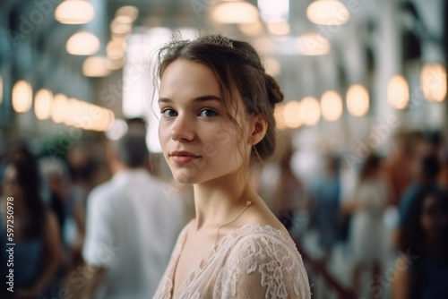 young adult woman in a wedding dress in a hall. Generative AI © wetzkaz