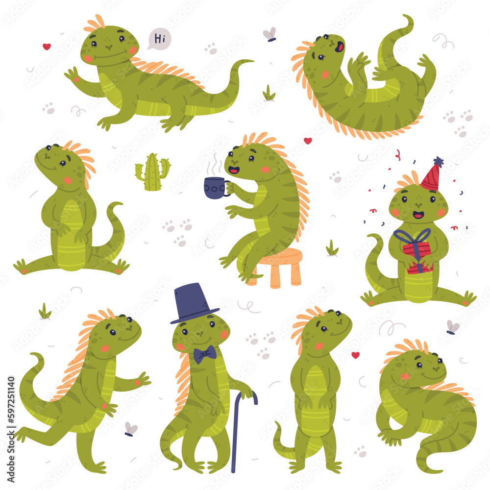 Obraz premium Funny Green Iguana Character with Scales Engaged in Different Activity Vector Set