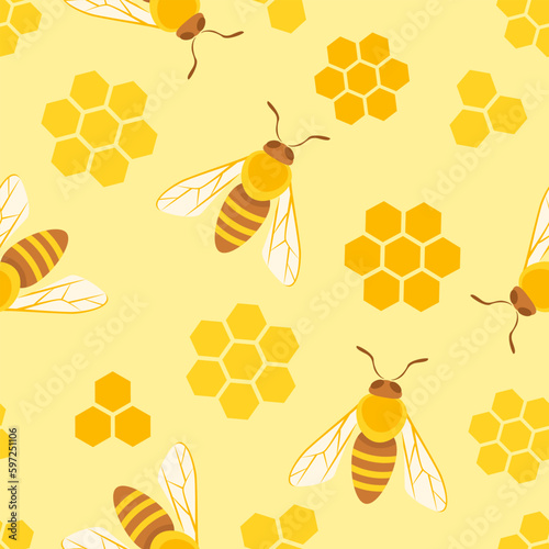 Honey bees and honeycombs on yellow background. Seamless pattern. Vector cartoon flat illustration.