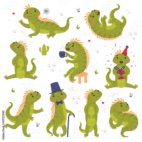 Funny Green Iguana Character with Scales Engaged in Different Activity Vector Set
